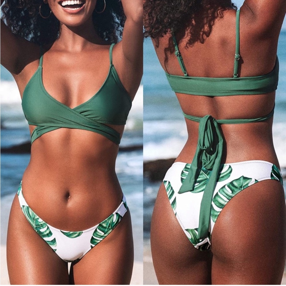 Cupshe Two Piece Swimsuit Wrap Top Palm Leaves Bikini NWT